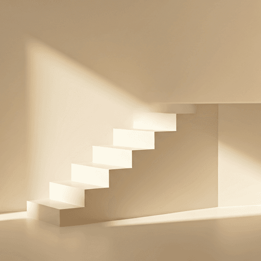 Monochromatic architectural photograph of a minimalist brutalist staircase with clean lines