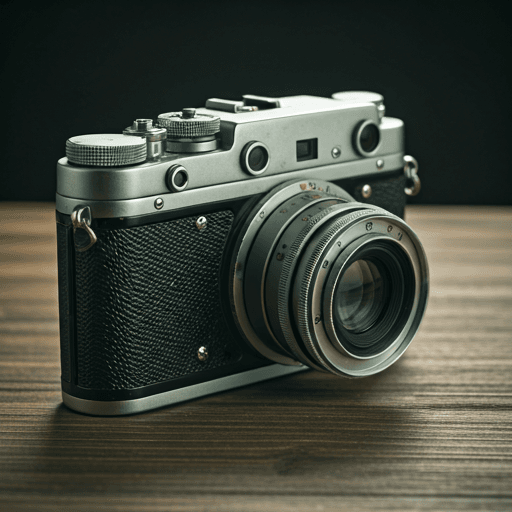 Close up of a premium vintage camera on a wooden desk with moody low key lighting