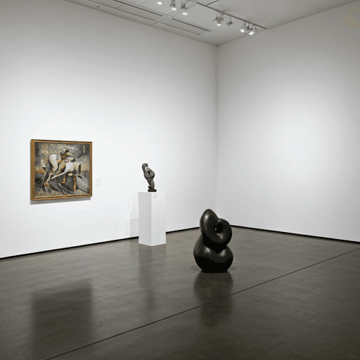 Interior of a modern art gallery with white walls and a single minimalist sculpture