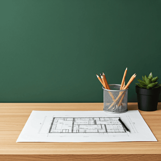 Minimalist workspace with architectural blueprints and a green plant under soft natural window light