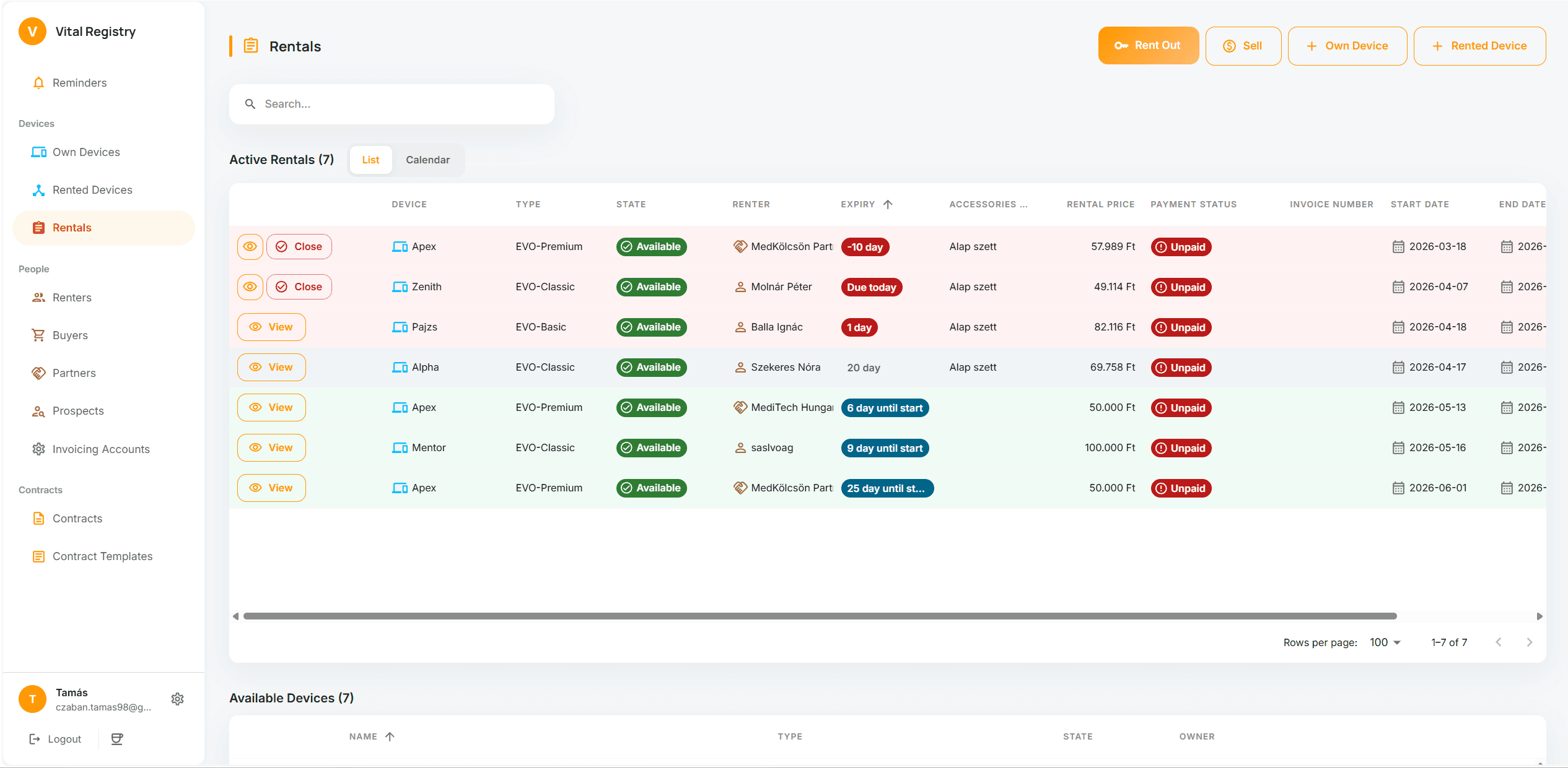 VitalRegistry CRM screenshot — device inventory and rental management interface